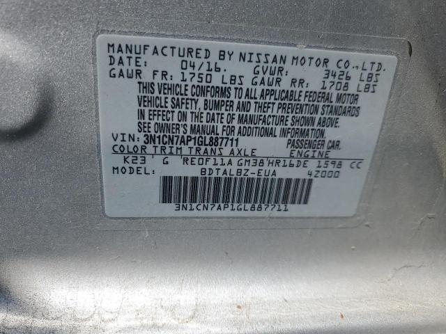 3N1CN7AP1GL887711 - 2016 NISSAN VERSA S 银色 照片 12