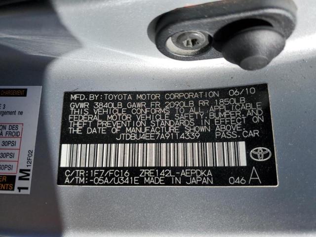 JTDBU4EE7A9114339 - 2010 TOYOTA COROLLA BASE SILVER photo 12