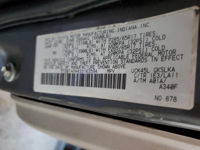 5TDBT48A43S163594 - 2003 TOYOTA SEQUOIA LIMITED GRAY photo 13