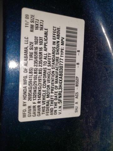 5FNRL3H4XAB030777 - 2010 HONDA ODYSSEY EX BLUE photo 12