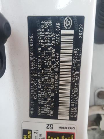 4T1B11HK6JU056449 - 2018 TOYOTA CAMRY L 白色 照片 12