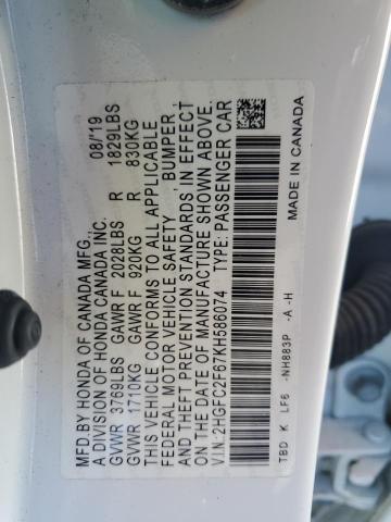 2HGFC2F67KH586074 - 2019 HONDA CIVIC LX Ağ foto 12