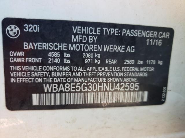 WBA8E5G30HNU42595 - 2017 BMW 320 XI WHITE photo 12