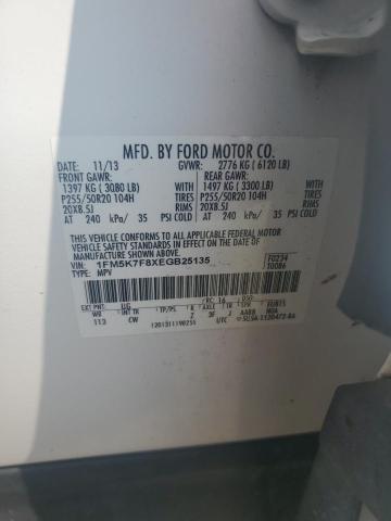 1FM5K7F8XEGB25135 - 2014 FORD EXPLORER LIMITED WHITE photo 13