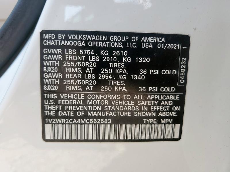 1V2WR2CA4MC562583 - 2021 VOLKSWAGEN ATLAS SE Weiß Foto 14
