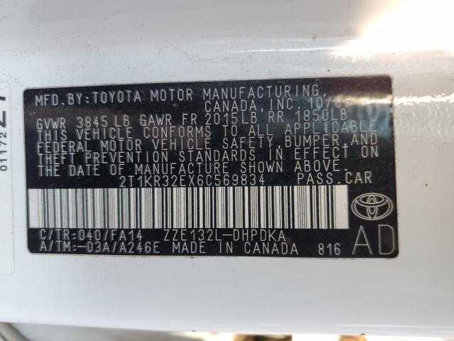 2T1KR32EX6C569834 - 2006 TOYOTA COROLLA MA XR WHITE photo 12