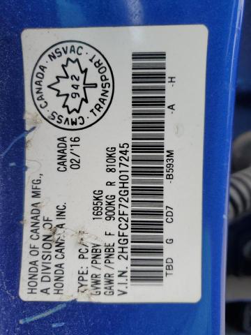 2HGFC2F72GH017245 - 2016 HONDA CIVIC EX BLUE photo 12