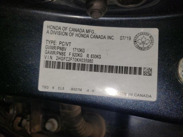 2HGFC2F70KH035980 - 2019 HONDA CIVIC EX Niebieski zdjęcie 12