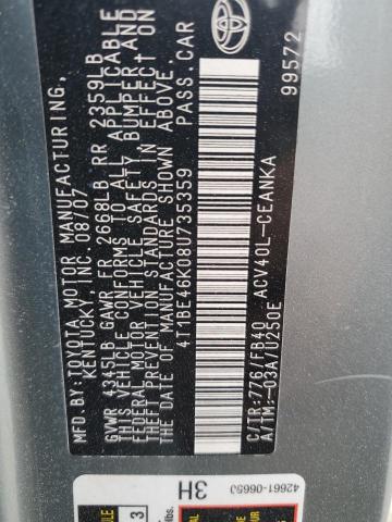 4T1BE46K08U735359 - 2008 TOYOTA CAMRY CE 绿色 照片 12