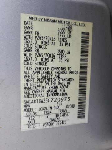 5N1AR18W25C720975 - 2005 NISSAN PATHFINDER LE SILVER photo 12