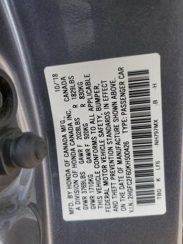 2HGFC2F60KH500426 - 2019 HONDA CIVIC LX 灰色 照片 12