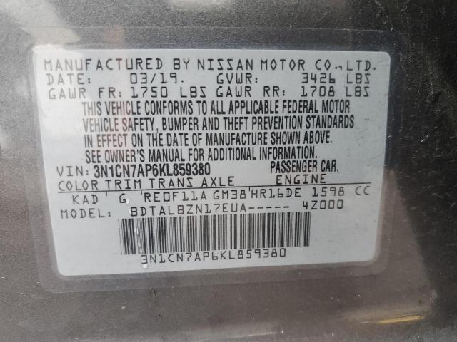 3N1CN7AP6KL859380 - 2019 NISSAN VERSA S GRAY photo 12