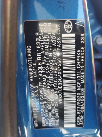 VNKKTUD39GA067560 - 2016 TOYOTA YARIS L BLUE photo 12