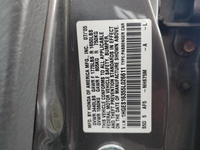 1HGES16355L026611 - 2005 HONDA CIVIC DX VP SILVER photo 12