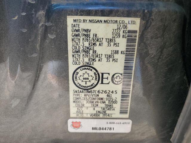 5N1AR18W67C626245 - 2007 NISSAN PATHFINDER LE Մոխրագույն լուսանկար 13