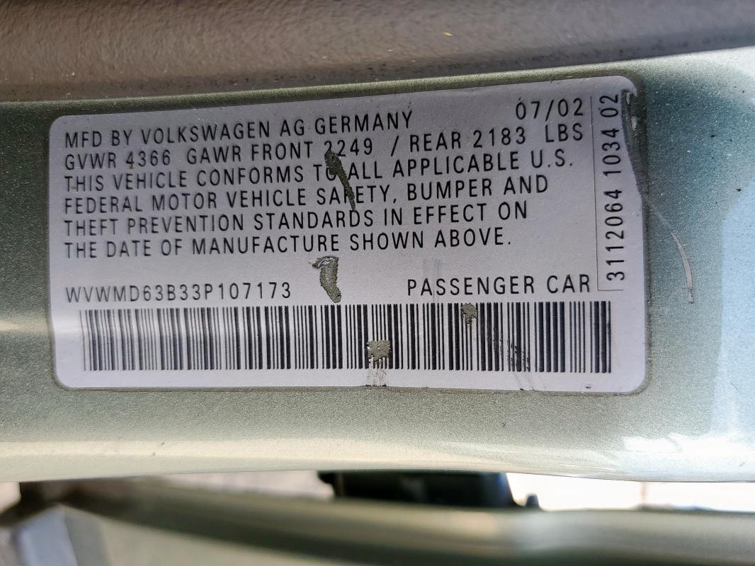 WVWMD63B33P107173 - 2003 VOLKSWAGEN PASSAT GL GREEN photo 13