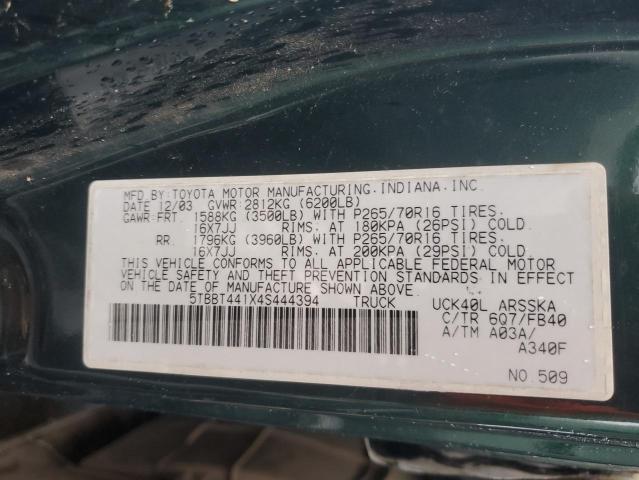 5TBBT441X4S444394 - 2004 TOYOTA TUNDRA ACCESS CAB SR5 GREEN photo 12