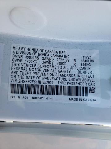 2HGFE2F51NH552931 - 2022 HONDA CIVIC SPORT Weiß Foto 13