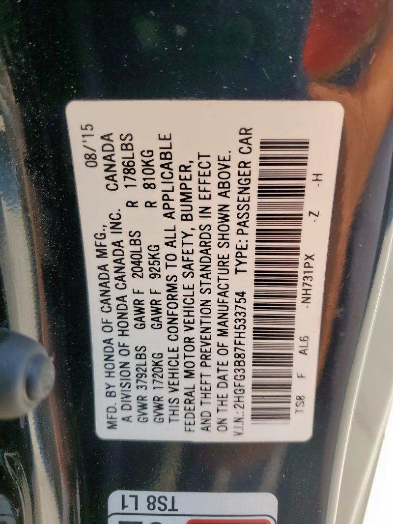 2HGFG3B87FH533754 - 2015 HONDA CIVIC EX BLACK photo 12