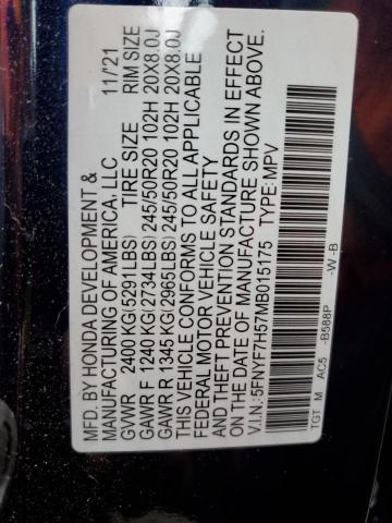 5FNYF7H57MB015175 - 2021 HONDA PASSPORT EXL BLUE photo 13