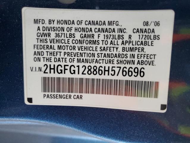 2HGFG12886H576696 - 2006 HONDA CIVIC EX BLUE photo 12