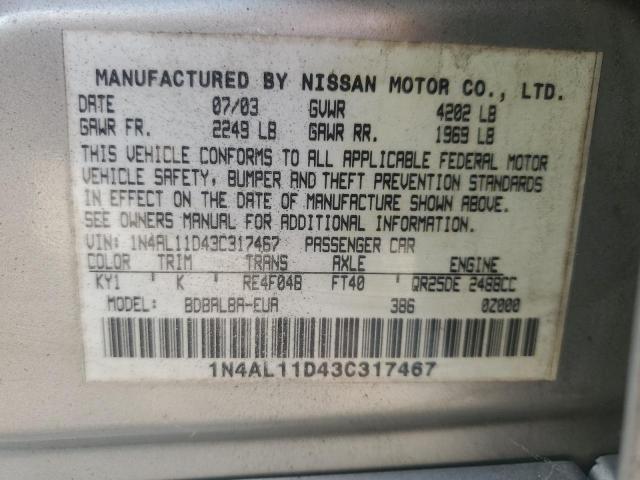 1N4AL11D43C317467 - 2003 NISSAN ALTIMA BASE SILVER photo 13