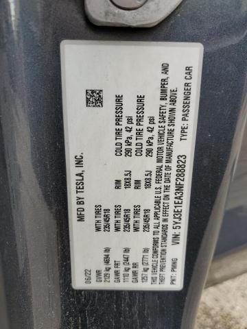 5YJ3E1EA3NF288823 - 2022 TESLA MODEL 3 Մոխրագույն լուսանկար 12