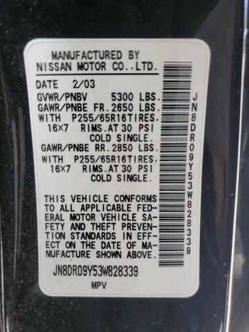 JN8DR09Y53W828339 - 2003 NISSAN PATHFINDER LE BLACK photo 12