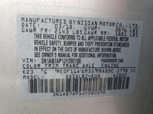 3N1AB7AP1JY280198 - 2018 NISSAN SENTRA S ვერცხლისფერი ფოტო 13