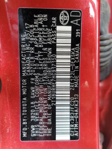 2T1BURHE7HC917150 - 2017 TOYOTA COROLLA L RED photo 12