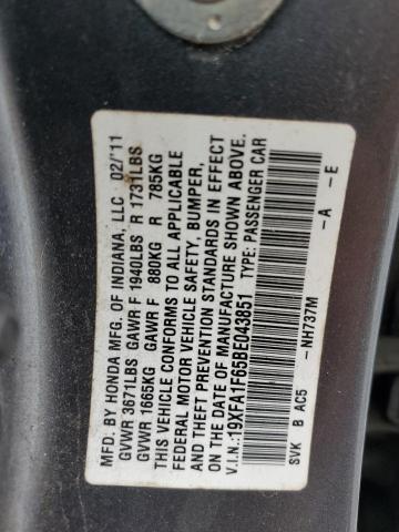 19XFA1F65BE043851 - 2011 HONDA CIVIC LX-S გრაფიტი ფოტო 12