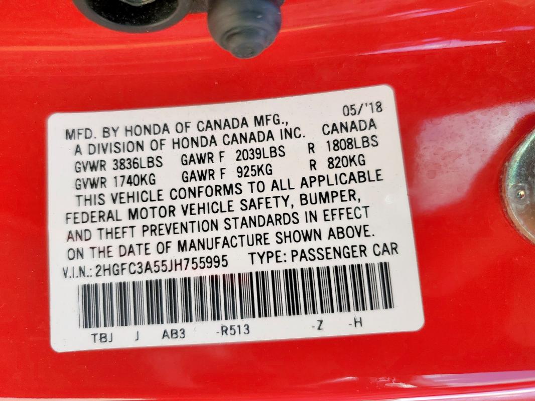 2HGFC3A55JH755995 - 2018 HONDA CIVIC SI Rot Foto 12