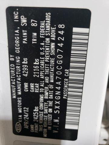 5XXGN4A70CG074248 - 2012 KIA OPTIMA EX WHITE photo 13