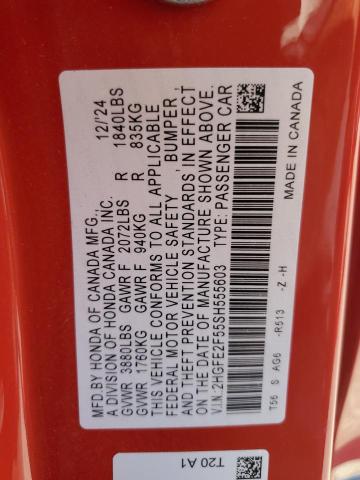 2HGFE2F55SH555603 - 2025 HONDA CIVIC SPORT წითელი ფოტო 12