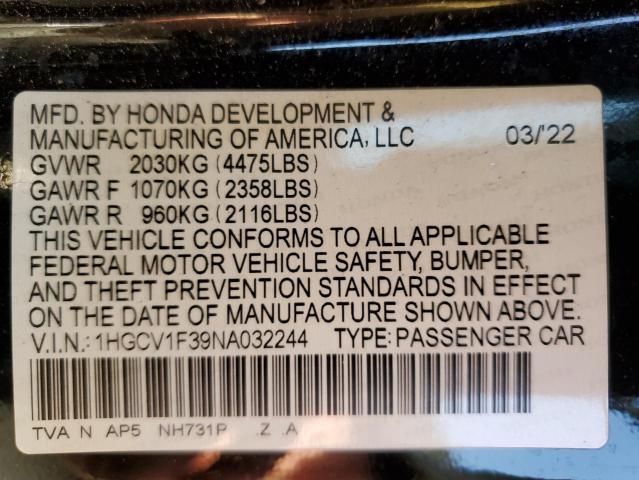 1HGCV1F39NA032244 - 2022 HONDA ACCORD SPORT BLACK photo 13