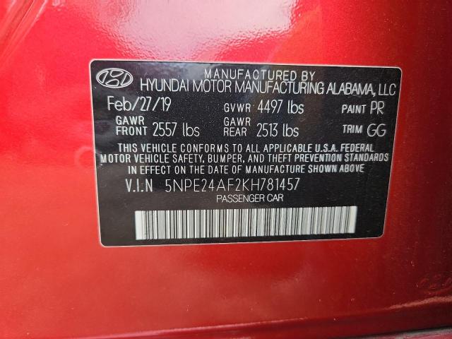 5NPE24AF2KH781457 - 2019 HYUNDAI SONATA SE RED photo 12