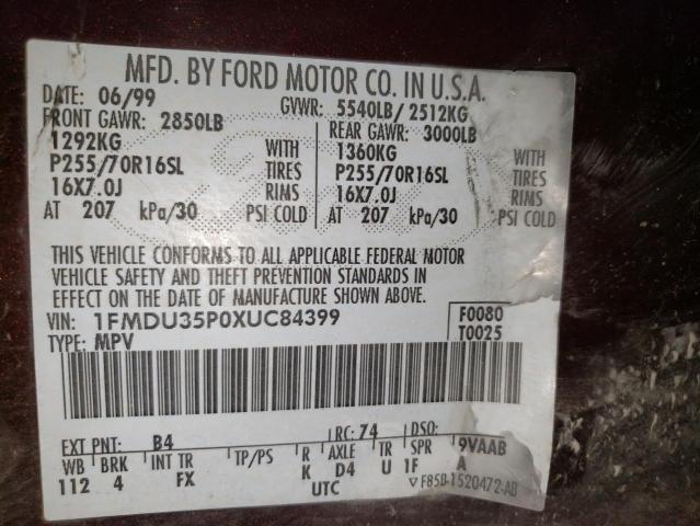 1FMDU35P0XUC84399 - 1999 FORD EXPLORER MAROON photo 13