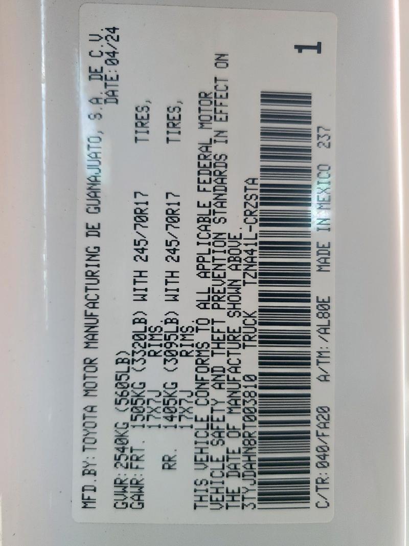 3TYJDAHN8RT003810 - 2024 TOYOTA TACOMA XTRACAB WHITE photo 13