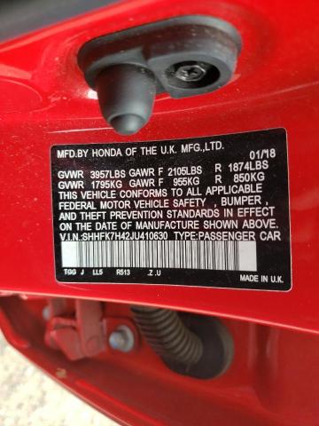 SHHFK7H42JU410630 - 2018 HONDA CIVIC SPORT Rojo foto 12