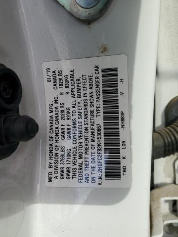 2HGFC2F82KH530867 - 2019 HONDA CIVIC SPORT Սպիտակ լուսանկար 12