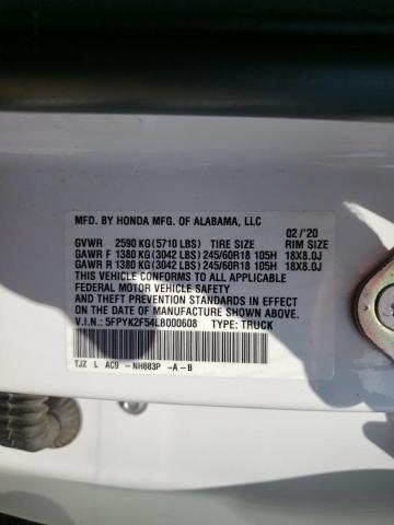 5FPYK2F54LB000608 - 2020 HONDA RIDGELINE RTL WHITE photo 13