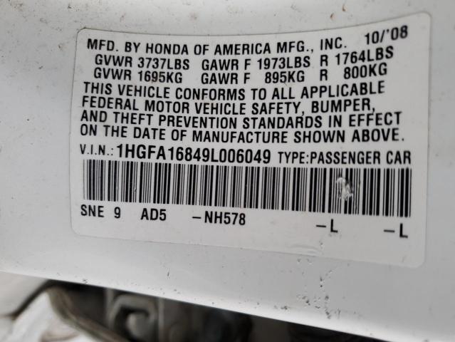 1HGFA16849L006049 - 2009 HONDA CIVIC EX WHITE photo 12