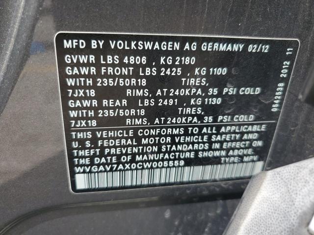 WVGAV7AX0CW005559 - 2012 VOLKSWAGEN TIGUAN S 灰色 照片 12