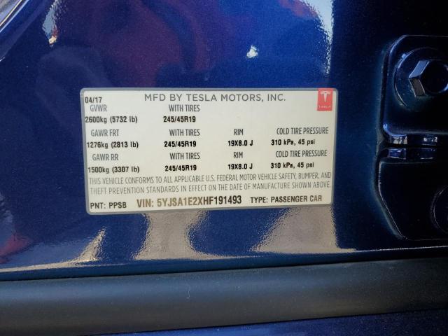 5YJSA1E2XHF191493 - 2017 TESLA MODEL S Синій фото 12