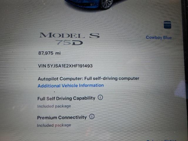 5YJSA1E2XHF191493 - 2017 TESLA MODEL S Синій фото 9