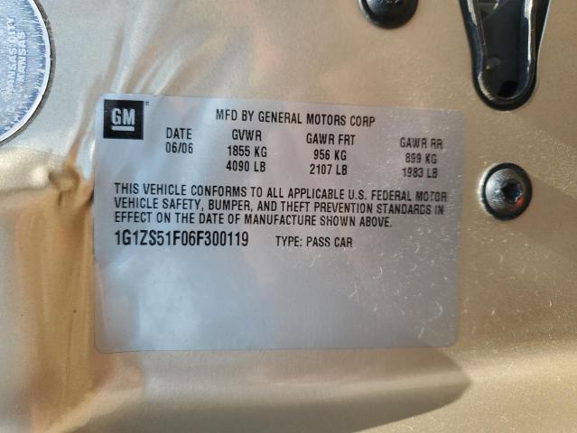 1G1ZS51F06F300119 - 2006 CHEVROLET MALIBU LS 金色 照片 12