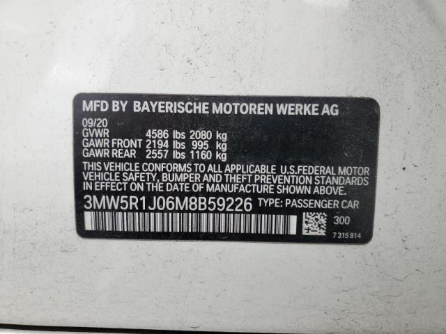 3MW5R1J06M8B59226 - 2021 BMW 330I WHITE photo 12