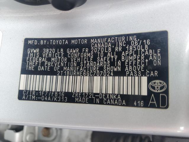 2T1BURHE6GC707024 - 2016 TOYOTA COROLLA L 银色 照片 12