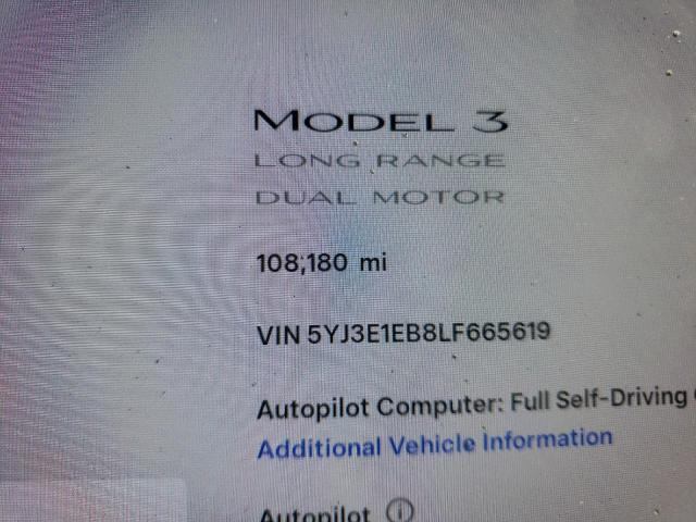 5YJ3E1EB8LF665619 - 2020 TESLA MODEL 3 WHITE photo 9