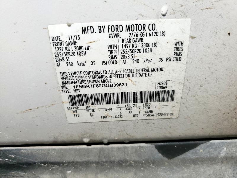 1FM5K7F80GGB39631 - 2016 FORD EXPLORER LIMITED WHITE photo 13